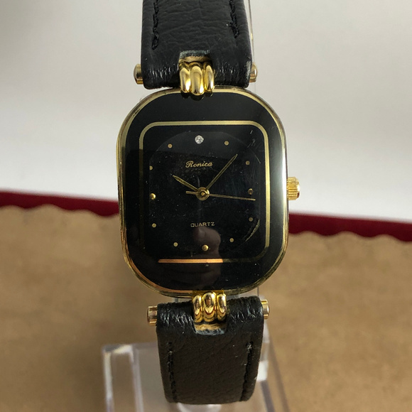 Vintage Ronica Black and Gold 18K GP Wrist Watch